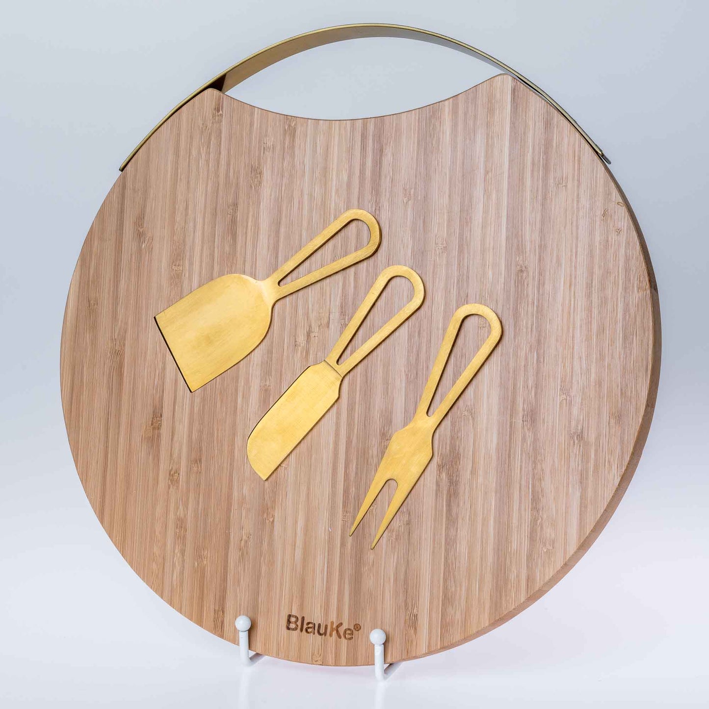 Bamboo Cheese Board and Knife Set with Magnetic Cutlery Storage - 13 inch Round Charcuterie Board
