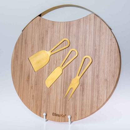 Bamboo Cheese Board and Knife Set with Magnetic Cutlery Storage - 13 inch Round Charcuterie Board